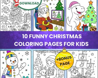 Funny Christmas Coloring pages for kids | 10 Printable PDF Activities | Instant Download
