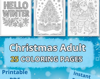 Christmas Coloring Book: 25 Xmas Holiday coloring pages for adults (Printable PDF, instant download)