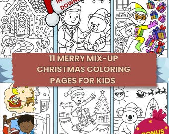 Christmas Coloring Pages Kids | 11 Printables with Bonus | Holiday Activity PDF