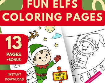 Fun Elfs Coloring Pages | 13 Christmas kids Printables + bonus Activity (PDF) | Instant Download