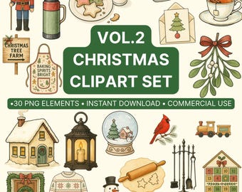 Christmas Clipart Set Vol.2 | Holiday Illustrations (30 PNG) | Instant Digital Download