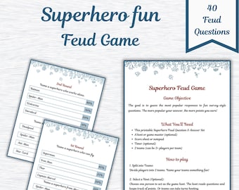 スーパーヒーロー対決ゲーム | 印刷可能なパーティーゲーム | コミック＆映画ナイトの楽しみ | 印刷可能なスーパーヒーロー対決 | すぐにダウンロード