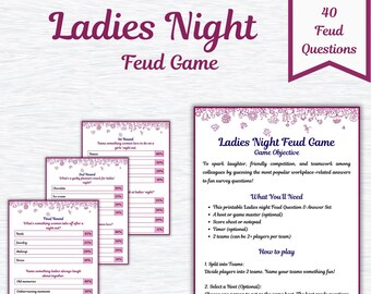 Peut inclure: Un jeu imprimable "Ladies Night Feud Game" avec un design violet et blanc. Le jeu comprend 40 questions, des instructions et des questions d'enquête. La taille du fichier est de 21,59 cm x 27,94 cm.