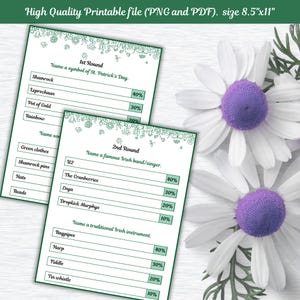 Könnte beinhalten: Zwei druckbare St. Patrick's Day-Spielbögen mit grünen Rändern und Text. Die Bögen enthalten Fragen zu irischen Symbolen, Bands und Instrumenten. Die Größe beträgt 21,59 cm x 27,94 cm. Weiße Gänseblümchen mit violetten Zentren befinden sich im Hintergrund.