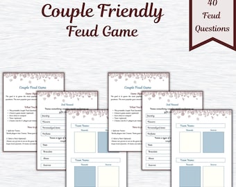 May include: Printable "Couple Friendly Feud Game" with 40 questions. The game includes fill-in-the-blank answer sheets and instructions. The file size is 8.5"x11" and is available in PNG and PDF formats.