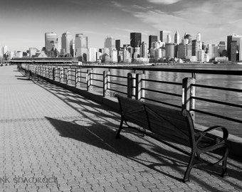 New York City Skyline with Railing and Bench Fine Art Print