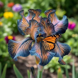 May include: A close-up of a vibrant iris flower with blue and orange petals, and a monarch butterfly resting on the flower. The flower has intricate patterns and textures, with a blurred green background.
