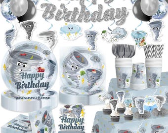 Tornado Birthday Party Supplies, Serves 25 Storm Theme Tableware Set with Banner Plates Cups Napkins Tablecloth Decor