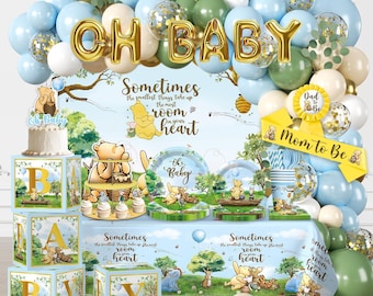 Blue Vintage Bear Baby Shower Decorations, 263 Pc Baby Boy Shower Party Kit, Balloon Arch, Backdrop, Boxes & Dinnerware Set