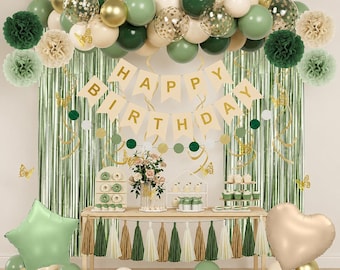 Sage Green Birthday Decorations for Women Girls, Olive Gold Balloon Garland Banner Fringe Party Supplies