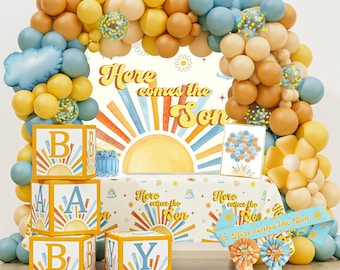 Here Comes the Son Baby Shower Decorations, Sunshine Baby Shower Kit with Backdrop Balloon Garland and BABY Boxes