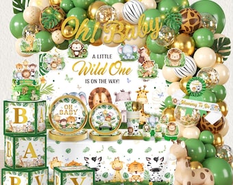 Safari Baby Shower Decorations Kit, Jungle Theme Party Supplies, Backdrop Balloon Boxes Tablecloth Plates Balloon Garland