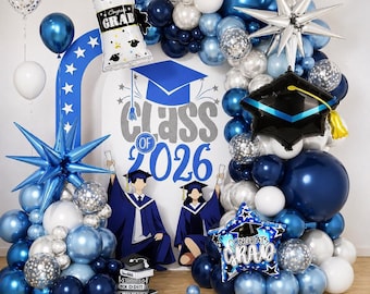 Class of 2026 Balloon Arch Kit Blue and White, Graduation Balloon Garland with Cap, Diploma & Star Balloons