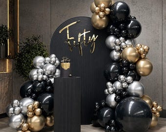 Black Gold Silver Balloon Garland Kit 141pcs – Luxury Balloon Arch Kit, Black & Gold Party Decorations for Graduation, New Year, Baby Shower