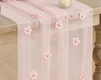 Pink Flower Pearl Table Runner 10FT, Pink Gauze Cheesecloth Table Decor, Sheer Wedding Birthday Baby Shower Party Decoration