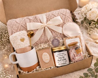 Women's Self Care Gift Box, Cozy Blanket, Mug, Socks, Candle, Bath Set