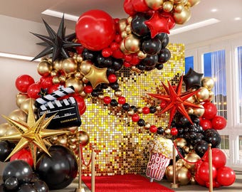 Movie Night Balloon Garland Arch Kit, Red Black Gold Balloons, Cinema Theater Birthday Decorations, Red Carpet Party Decor