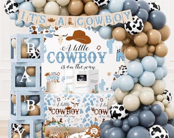 Cowboy Baby Shower Decorations, Western Baby Boy Shower Backdrop, Balloon Garland, BABY Boxes, Banner, Tablecloth & Party Kit