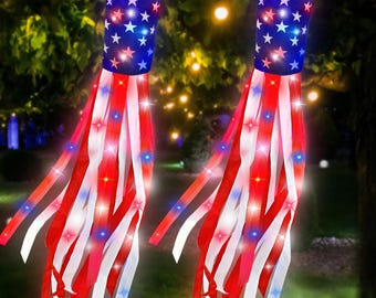 USA 250th Anniversary Windsocks, 2 Pack 40 Inch Lighted American Flag Patriotic Decor for 4th of July