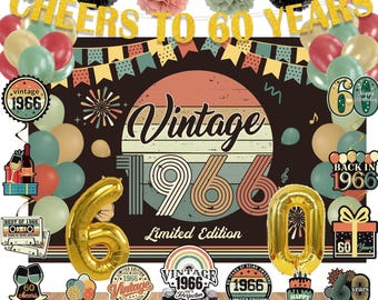 60th Birthday Decorations 1966, 47 Pc Vintage Back in 1966 Party Kit for Men Women with Banner Backdrop Balloons