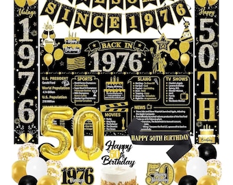 50th Birthday Decorations Black Gold, Back in 1976 Party Kit, Poster Backdrop, Balloons, Sash & Door Banner for Men or Women