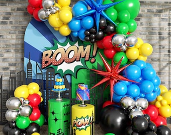 137 Piece Balloon Garland Arch Kit – Red Blue Yellow Green Black Balloons w/ Starburst Accents for Birthday & Video Game Party Decor
