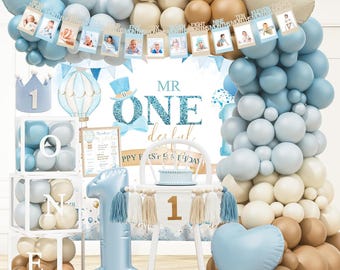 Mr Onederful Birthday Decorations, Blue Beige 1st Birthday Party Kit with Backdrop Balloon Garland Baby Boxes