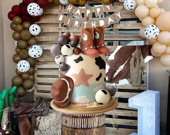 Cowboy Cowgirl Cake Topper Set, Western Birthday Cake Decorations, Hat Boots Cow Print Foam Balls, Rodeo Baby Shower Decor