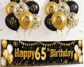 65th Birthday Decorations – Black Gold Banner & Balloons Set