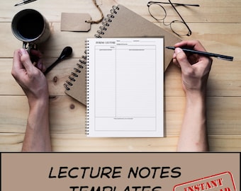 May include: A top-down view of a wooden desk with a spiral notebook, pen, coffee mug, and eyeglasses. The notebook is open to a page labeled "DURING LECTURE". The image also includes the text "LECTURE NOTES TEMPLATES" and "INSTANT DOWNLOAD".