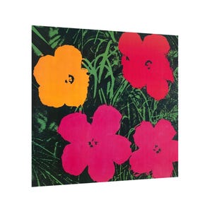 May include: A pop art print featuring four large, stylized flowers in vibrant colors. The flowers are orange, red, and pink, set against a dark green background with green grass-like elements. The artwork has a bold, graphic style.