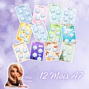 Peut inclure: Ensemble de douze cartes de budget A7, chacune représentant un mois avec des illustrations saisonnières et le nom du mois en français. Les cartes présentent des éléments décoratifs et le texte "120€". L'image comprend également le texte "Choup Budget" et "12 Mois A7".