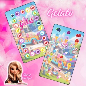 Peut inclure: Deux jeux de société colorés sur le thème du Gelato, avec des illustrations d'un camion de crème glacée, de cornets de glace et de fruits. Les plateaux comportent le mot "Gelato" en écriture cursive et les textes "Depart", "Total", "Choup Budget", et des prix.