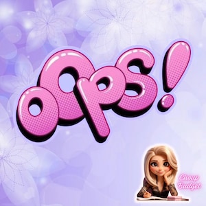 Peut inclure: Graphique numérique avec le mot "Oops!" en lettres roses à bulles avec un motif en demi-teintes. Le fond est un dégradé de violet et de blanc avec des motifs floraux. Une femme de dessin animé est dans le coin inférieur droit.
