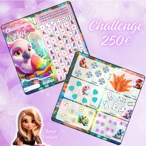 Peut inclure: Deux jeux de société colorés avec des illustrations de perroquets. Un plateau présente un perroquet et le texte "Challenge 250€". L'autre plateau comporte divers éléments de jeu. Le texte "Choup Budget" est visible.
