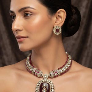 Luxury Ruby Kundan Bridal Choker Necklace Set | Statement Indian Wedding Jewelry | Polki Style Necklace with Earrings | Traditional Ethnic J
