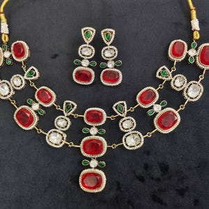 Ruby Red Kundan Necklace Set | Indian Bridal Jewelry | Gold Tone Statement Necklace with Earrings | Traditional Wedding Jewelry | Festive Je