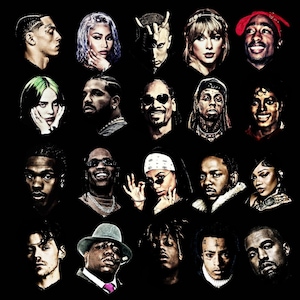Pode incluir: Uma grade de vinte retratos de m&uacute;sicos e celebridades contra um fundo preto. Os retratos incluem rappers, cantores e outras figuras p&uacute;blicas. A imagem &eacute; uma colagem de rostos.