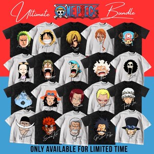 May include: A collection of One Piece t-shirts, featuring various character illustrations on black and white tees. The image includes the text "Ultimate Bundle" and "ONLY AVAILABLE FOR LIMITED TIME".