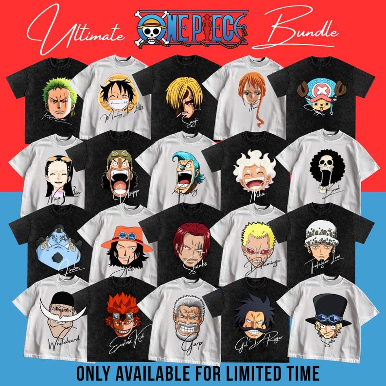 May include: A collection of One Piece t-shirts, featuring various character illustrations on black and white tees. The image includes the text "Ultimate Bundle" and "ONLY AVAILABLE FOR LIMITED TIME".