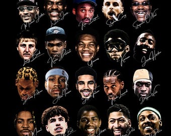 Puede incluir: Gráfico negro con los rostros de 20 leyendas del baloncesto, cada uno con su nombre en cursiva. Los jugadores están dispuestos en una cuadrícula, mostrando una variedad de expresiones y estilos.