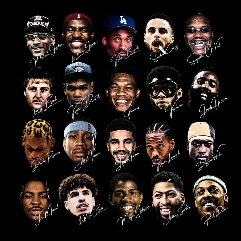 May include: A black graphic featuring the faces of 20 basketball legends, each with their name in a cursive font. The players are arranged in a grid, showcasing a variety of expressions and styles.