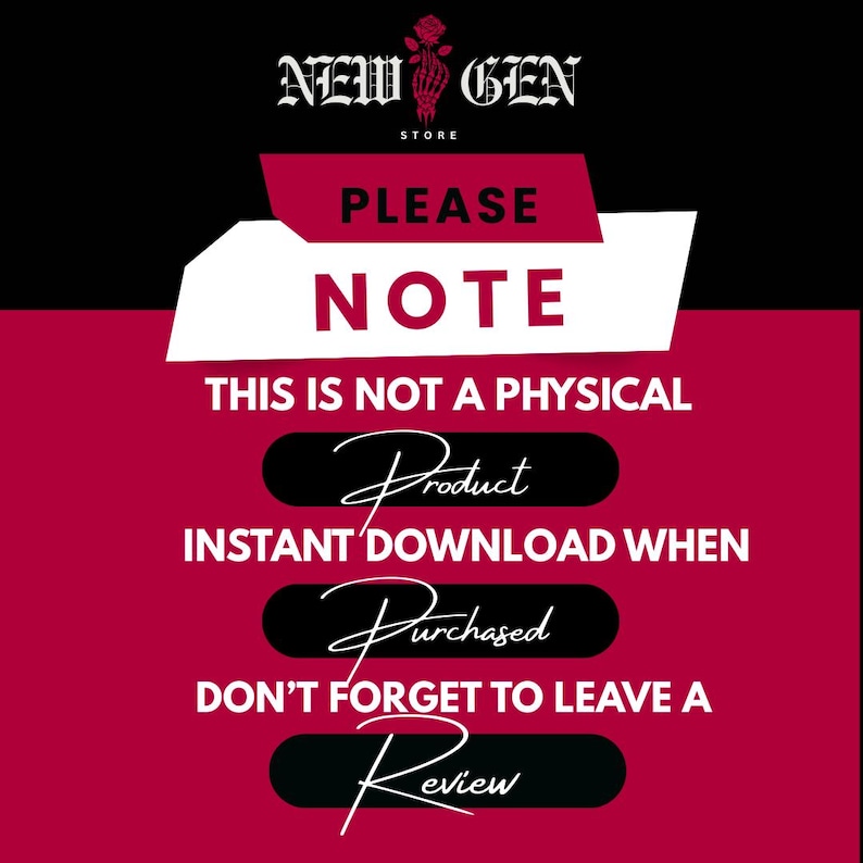 May include: A digital product announcement with the text "PLEASE NOTE" in white on a red and black background. The text emphasizes that the product is a digital download and not a physical item.