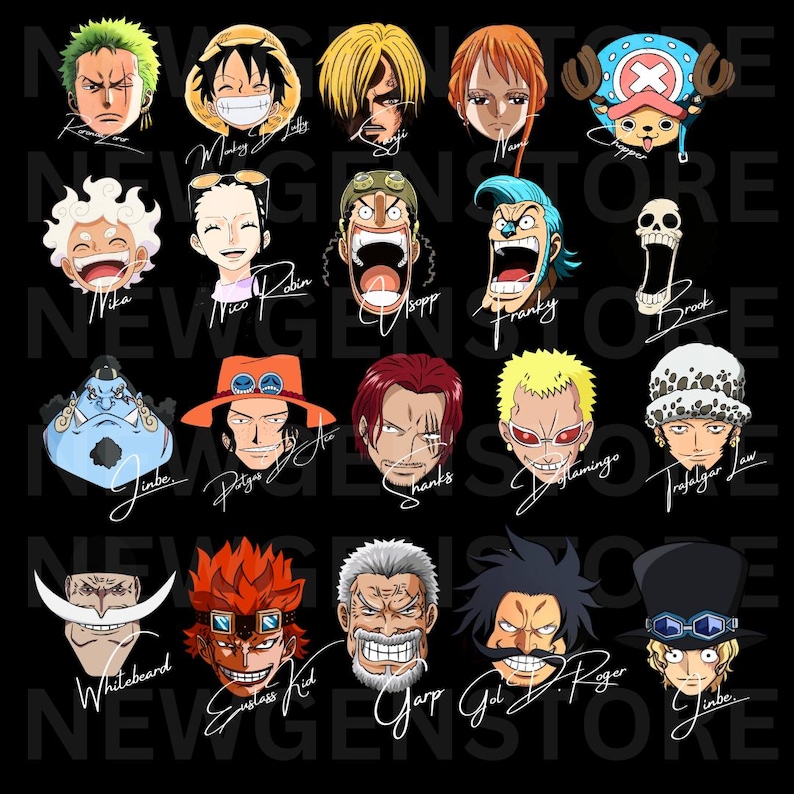 May include: A black graphic featuring 20 character portraits from the anime series One Piece. Each character has a unique hairstyle and facial expression, with their name written below in a cursive font. The text "NEW GEN STORE" is visible in the background.