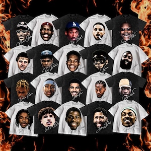 May include: Collection of graphic t-shirts featuring portraits of basketball players. The shirts are in black and white, with the player's face and signature. The shirts have a vintage, distressed look, with a fiery background.