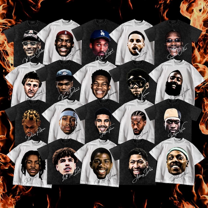 May include: Collection of graphic t-shirts featuring portraits of basketball players. The shirts are in black and white, with the player's face and signature. The shirts have a vintage, distressed look, with a fiery background.