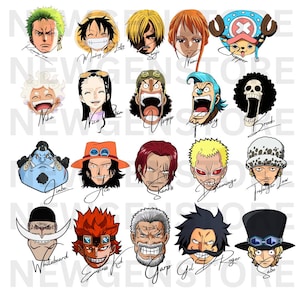 May include: A collection of cartoon portraits of characters from the anime series One Piece. Each character's face is depicted with distinct features and signature. The names of the characters are written below their portraits.