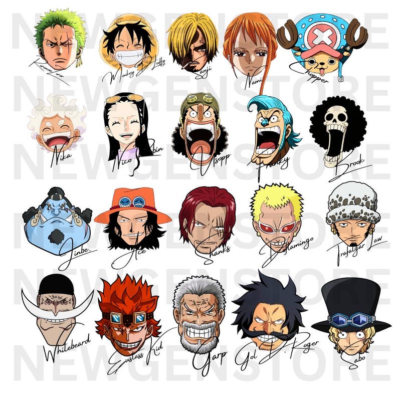 May include: A collection of cartoon portraits of characters from the anime series One Piece. Each character's face is depicted with distinct features and signature. The names of the characters are written below their portraits.