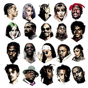 Pode incluir: Uma cole&ccedil;&atilde;o de 20 retratos de m&uacute;sicos e artistas famosos. Os retratos s&atilde;o em um estilo de arte digital, com um fundo branco. Os temas incluem rappers, cantores e estrelas pop, cada um com um estilo e express&atilde;o &uacute;nicos.
