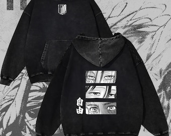 Felpa con cappuccio oversize effetto lavato con Eren Yeager di Attack on Titan, stile streetwear manga.